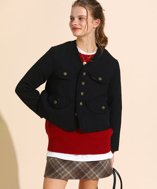 Vネックフリンジツイードジャケット